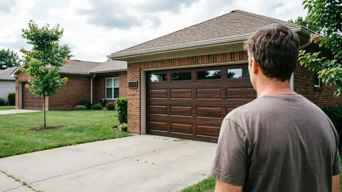 A man stands in a driveway looking at a brown garage door on a brick house.