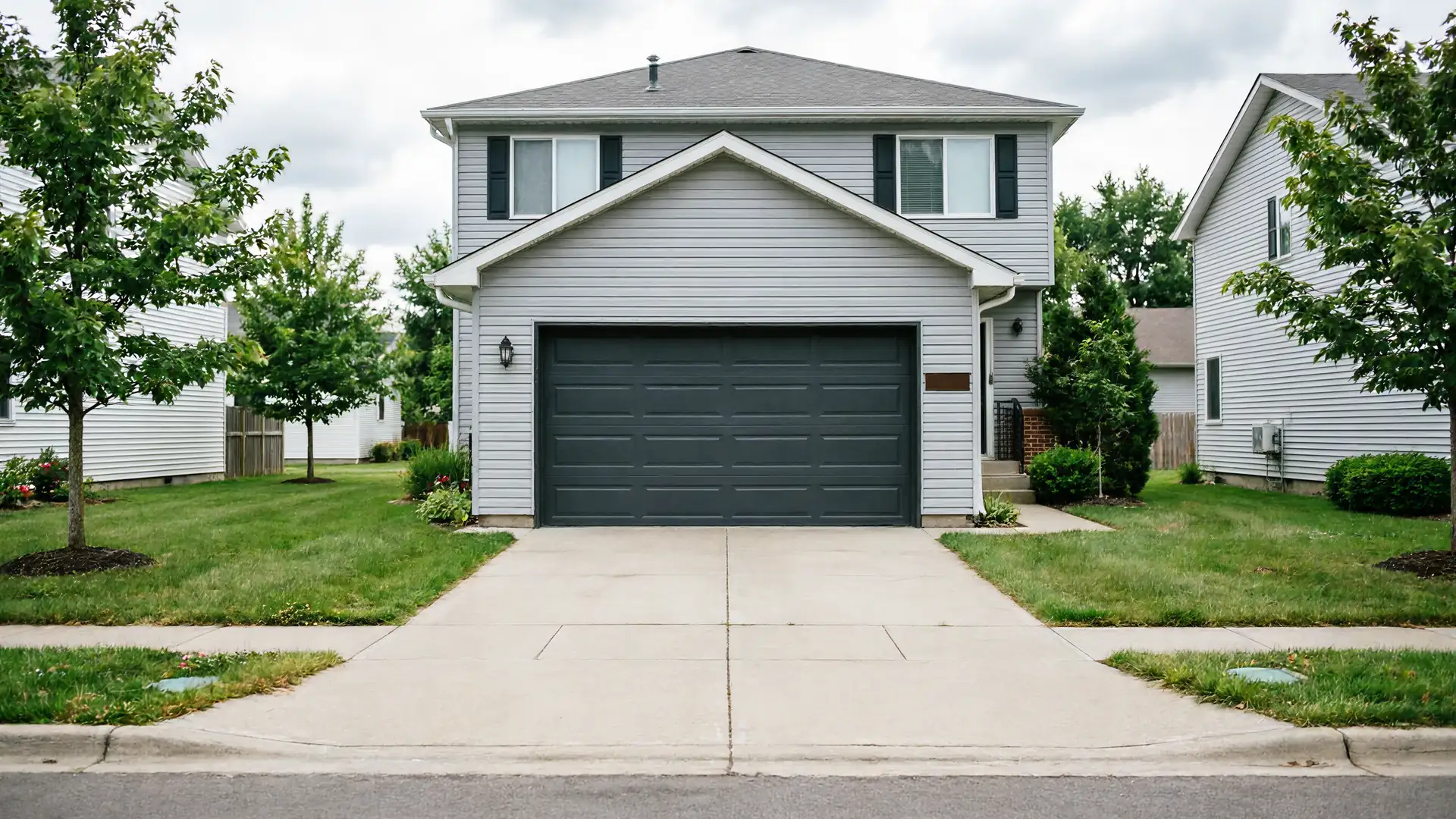 A two-story house with light gray siding and a dark gray garage door.