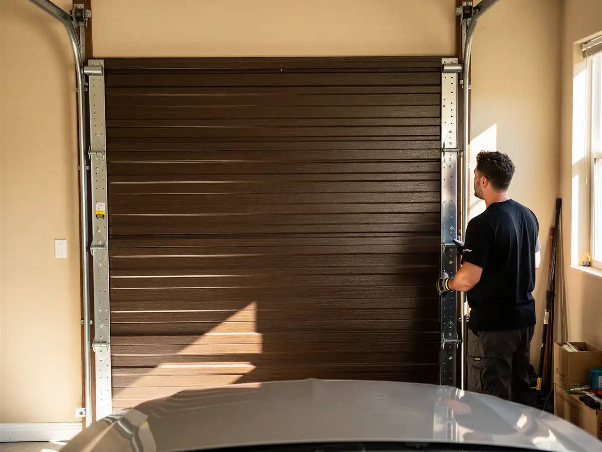 A technician stands next to a closed brown garage door.